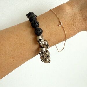 Silver Skull & Black Lava Rock Beaded Bracelet